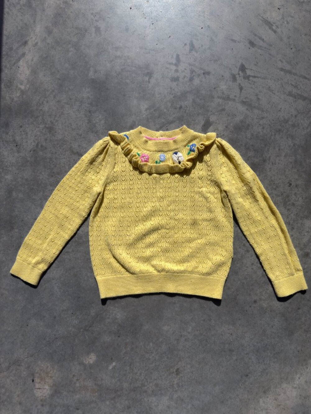 Mini Boden Embroidered Pointelle Knit Ruffle Sweater (Kids 4-5)